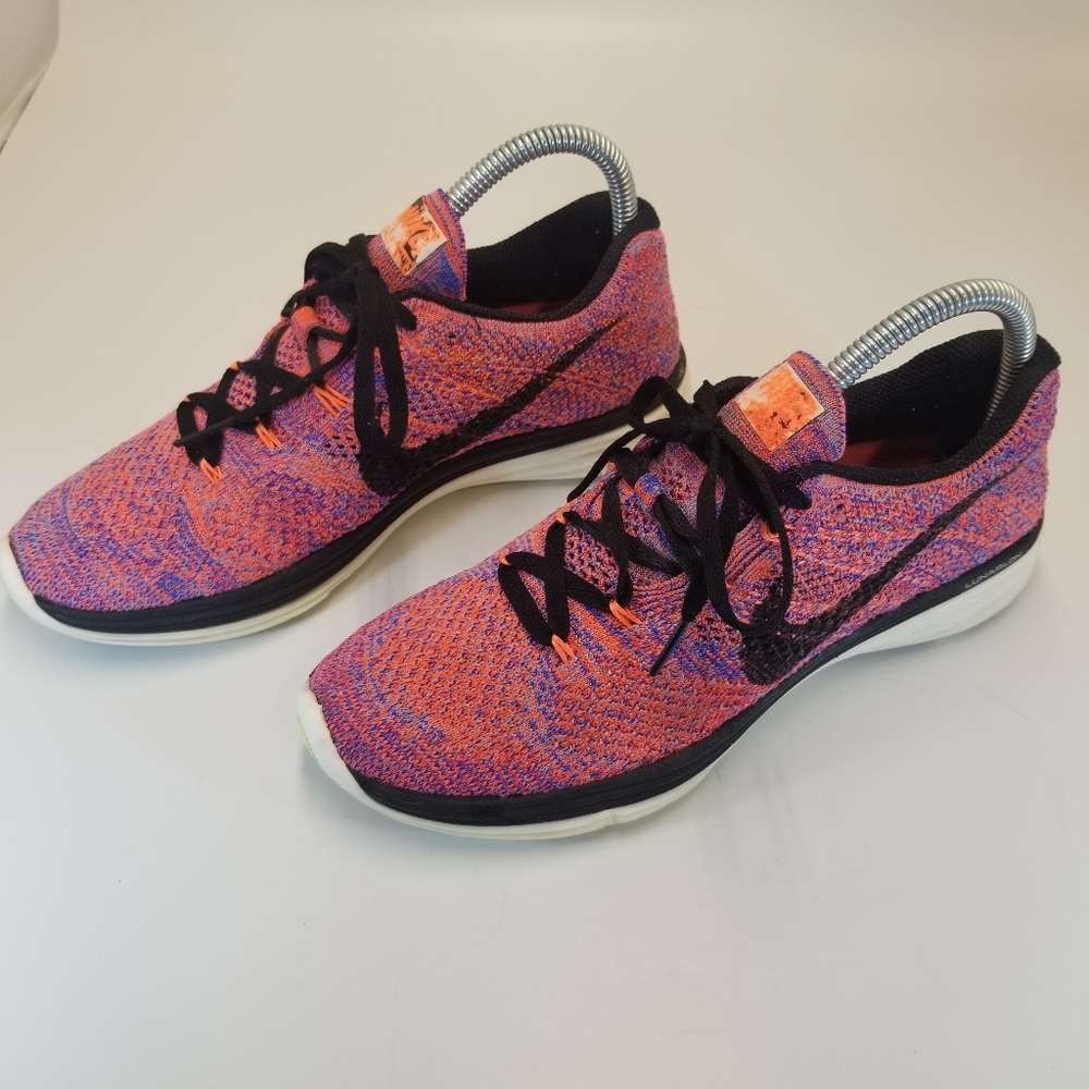 Nike Flyknit Lunar 3 Womans Size 8 Orange Black Running Shoes Lace Up Mesh
